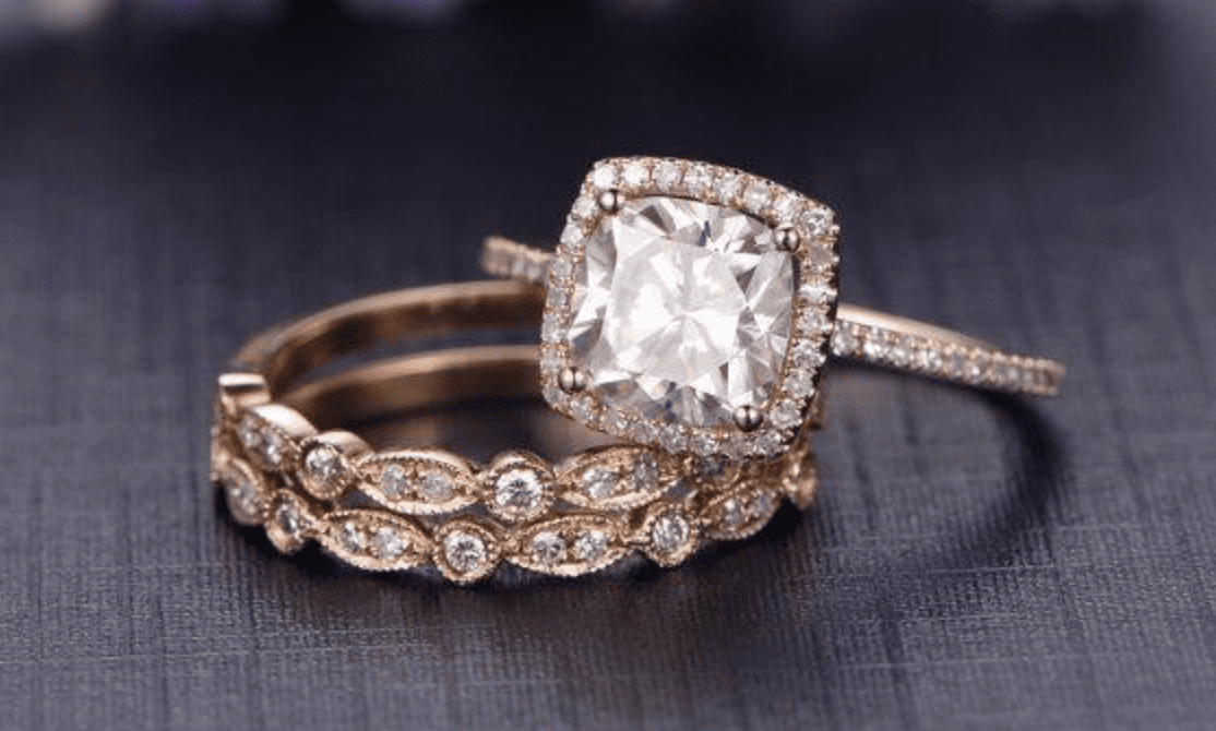 Cushion cut moissanite bridal ring set e1692281426563